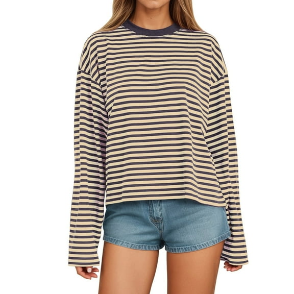 WAYUTE Womens T Shirts Long Sleeve Striped T Shirt With Color Design Round Neck For Comfortable Everyday Wear Blouse Top Versatile Durable Casual Holiday Fashion Daily Wear