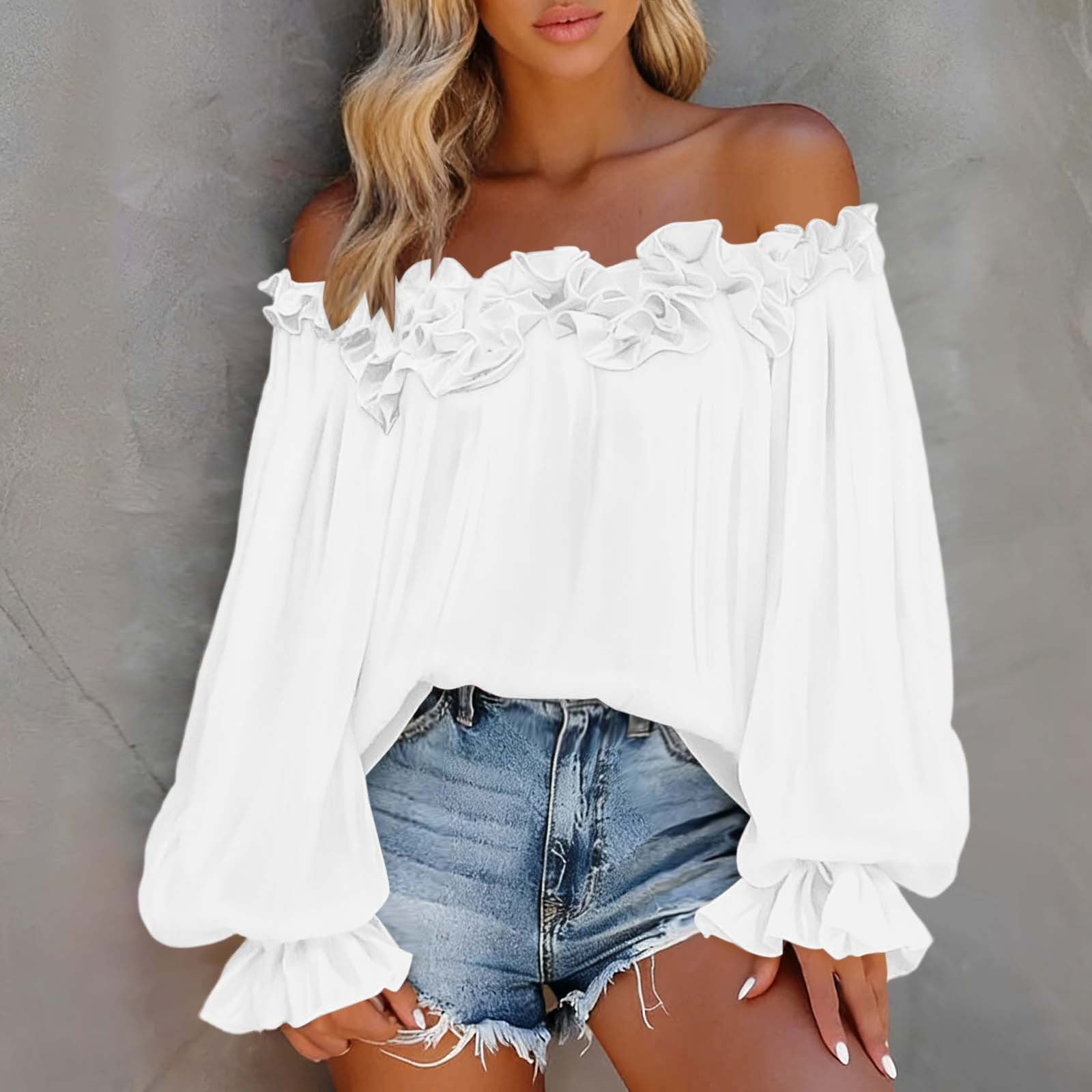 WAYUTE Womens T Shirts Off the Shoulder Ruffle Trim Long Sleeve Solid ...