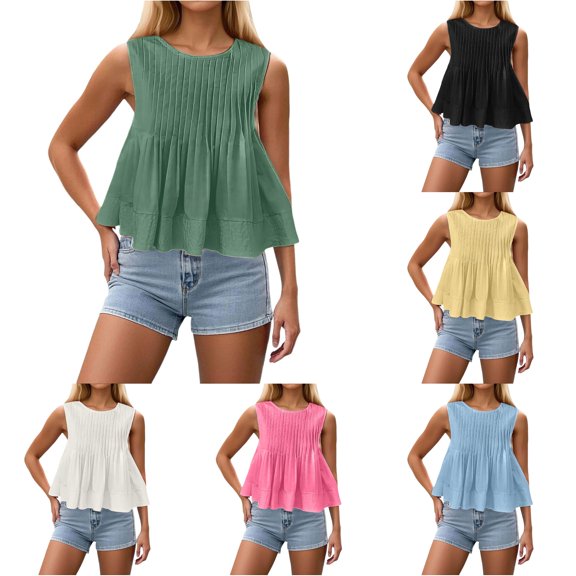 WAYUTE Womens T Shirts Round Neck Sleeveless Blouse Vertical Pleated Tiered Ruffle Hem Cropped Flowy Swing Top Solid Color Tshirt Casual Outdoor,Green,M