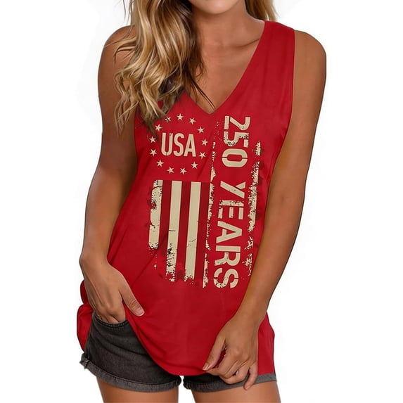 WAYUTE Womens Tank Tops 4th of July Independence Day V Neck US National Flag Print 250Th Anniversary Shirts Festival Outdoor Casual