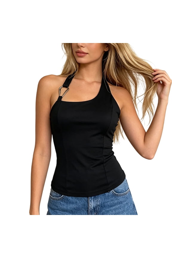 Womens Tank Tops Asymmetric Halter Tank Top Buckle Sleeveless Ruched Slim Fit Solid Color Casual Summer Layering Tops,Black,L