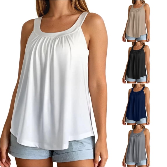 WAYUTE Womens Tank Tops with Built In Bra Sleeveless Ruched Square Neck Wide Strap Flowy Loose Summer Solid Color Layering Blouse Casual Daily Wear,White,L