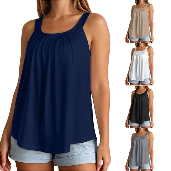 WAYUTE Womens Tank Tops with Built In Bra Sleeveless Ruched Square Neck Wide Strap Flowy Loose Summer Solid Color Layering Blouse Casual Outdoor,Blue,M