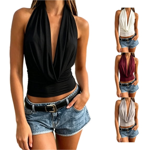 WAYUTE Womens Tank Tops Elegant Halter Solid Color Slim Fit Cropped Top Backless Knit Vest Party Night Out Fashion Summer,Black,S