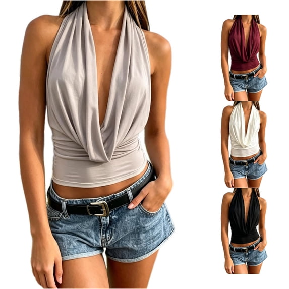WAYUTE Womens Tank Tops Elegant Halter Solid Color Slim Fit Cropped Top Backless Knit Vest Party Night Out Fashion Summer,Light Gray,L