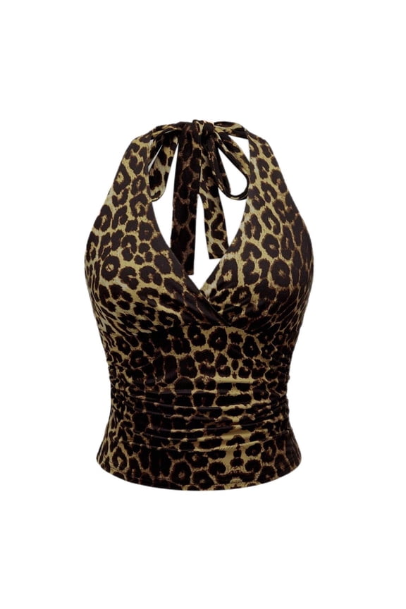 Womens Tank Tops Leopard Print Backless Halter Neck Cropped Top Spaghetti Strap Sleeveless Camisole Fashion Casual Outdoor
