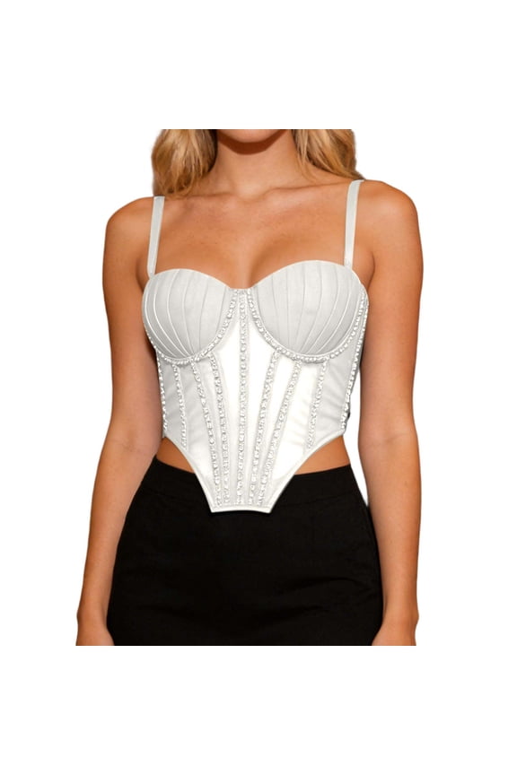 Womens Tank Tops Mesh Camisole Top with Built In Bra Shining Rhinestone Detachable Straps Bustier for Evening Party Wear