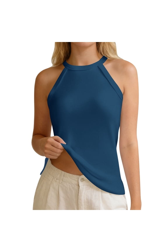 Womens Tank Tops Ribbed Halter Neck Slip Slim Fit Camisole Top with Built In Bra Sleeveless Layering Undershirt Summer Daily Wear