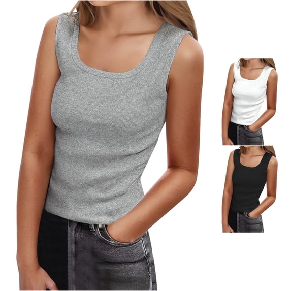 WAYUTE Womens Tank Tops Ribbed U Neck Wide Strap Camisole Tops Stretch Slim Sleeveless Basic Layering Shirts for Summer Office Going Out Casual Outdoor,Grey,M
