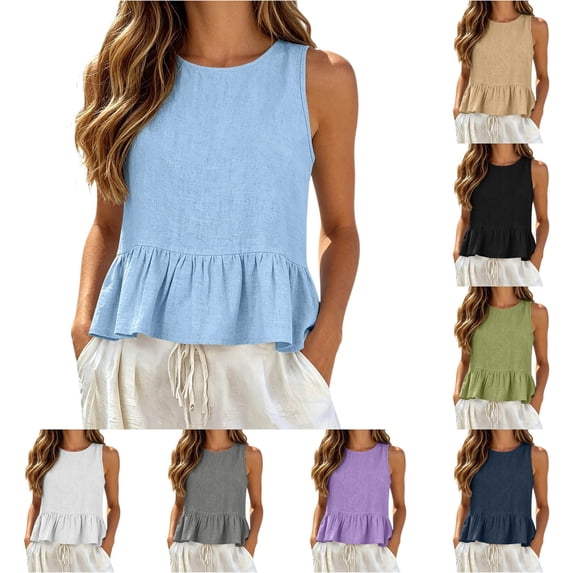 WAYUTE Womens Tank Tops Ruffle Hem Crew Neck Sleeveless Solid Color Tank Blouse Soft Breathable Summer Beach Vest Shirts,Blue,S