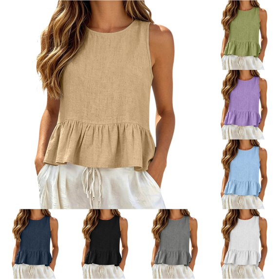 WAYUTE Womens Tank Tops Ruffle Hem Crew Neck Sleeveless Solid Color Tank Blouse Soft Breathable Summer Beach Vest Shirts,Khaki,M