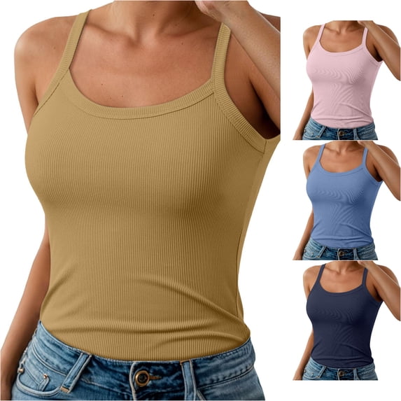 WAYUTE Womens Tank Tops Spaghetti Straps Ribbed Camisole Basic Solid Stretch Fit Undershirt Spring Summer Comfortable Layering Top Casual Daily Wear,Khaki,5XL
