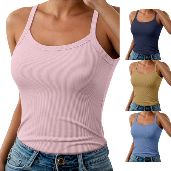 WAYUTE Womens Tank Tops Spaghetti Straps Ribbed Camisole Basic Solid Stretch Fit Undershirt Spring Summer Comfortable Layering Top Casual Daily Wear,Pink,3XL
