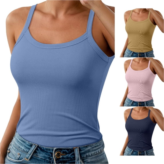WAYUTE Womens Tank Tops Spaghetti Straps Ribbed Camisole Basic Solid Stretch Fit Undershirt Spring Summer Comfortable Layering Top Casual Outdoor,Blue,3XL