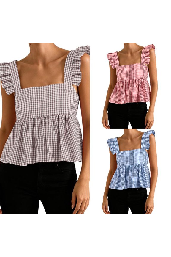 Womens Tank Tops Square Neck Plaid Camisole Top Ruffle Trim Sleeveless Cute Fashion Layering Tank Vest Beach Outdoor Casual