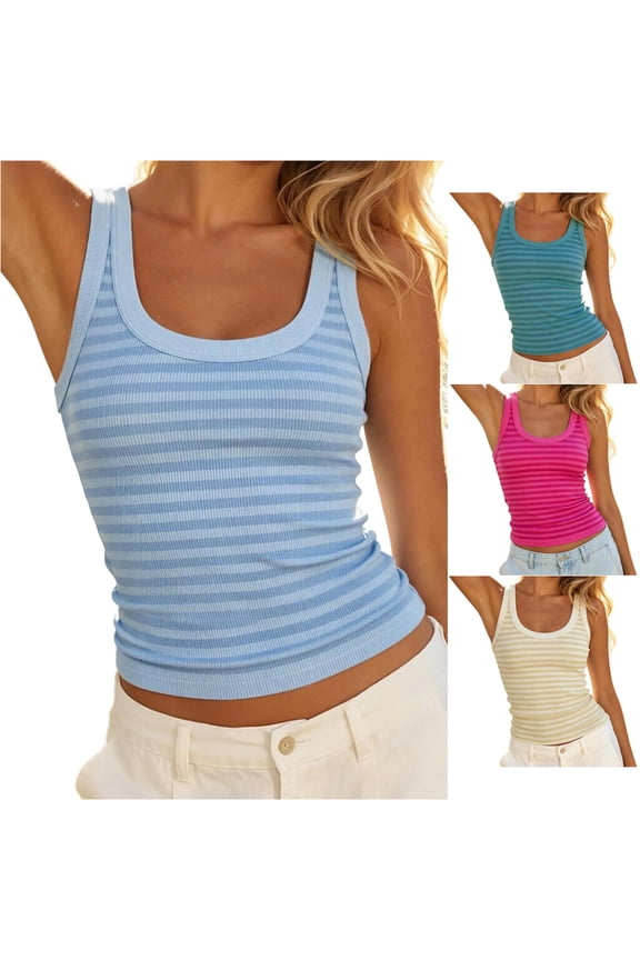 Womens Tank Tops Square Neck Striped Sleeveless Knit Crop Tank Top Soft Stretchy Fit Casual Camisole Summer Layering,Blue,XS
