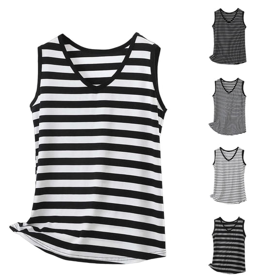 WAYUTE Womens Tank Tops Striped Print V Neck Sleeveless Soft Breathable Camisole Layering Loose Fit Summer Daily Wear,Black,L