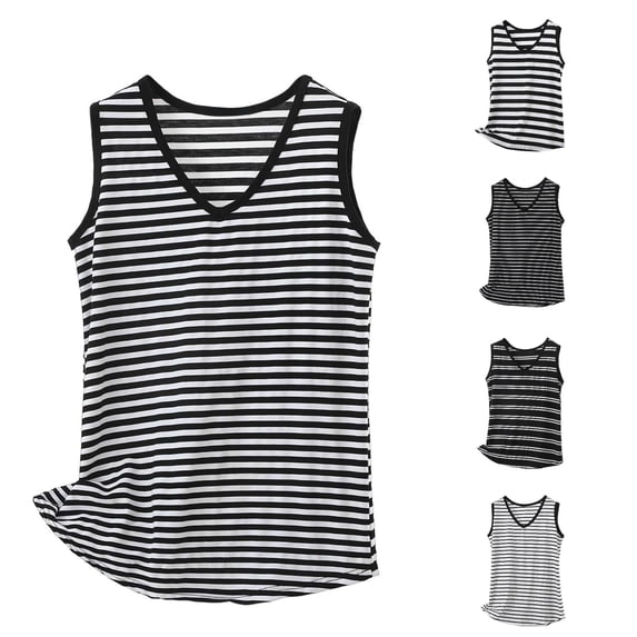 WAYUTE Womens Tank Tops Striped Print V Neck Sleeveless Soft Breathable Camisole Layering Loose Fit Summer Daily Wear,Navy,XL