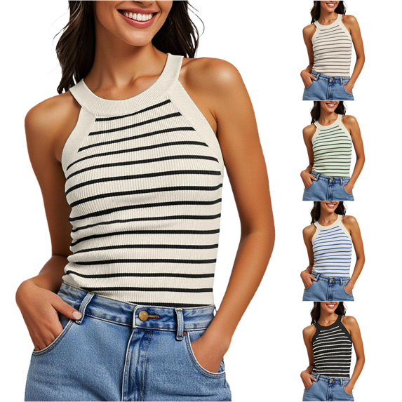 WAYUTE Womens Tank Tops Striped Ribbed Halter Tank Top Sleeveless Stretch Slim Fit Summer Beach Layering Camisole Shirt Versatile Casual Outdoor,White,M