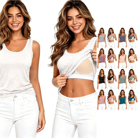 WAYUTE Womens Tank Tops with Built in Bras Summer Lace Sleeveless Stretch Fit Solid Color Camisole Casual Sporty Fashion,White,3XL
