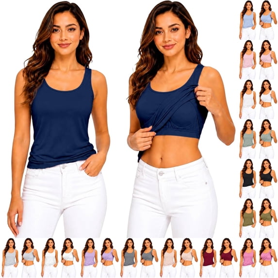 WAYUTE Womens Tank Tops with Built in Bras Wireless Camisole Top Seamless Slim Fit Solid Color Breathable Layering Top,Navy,3XL