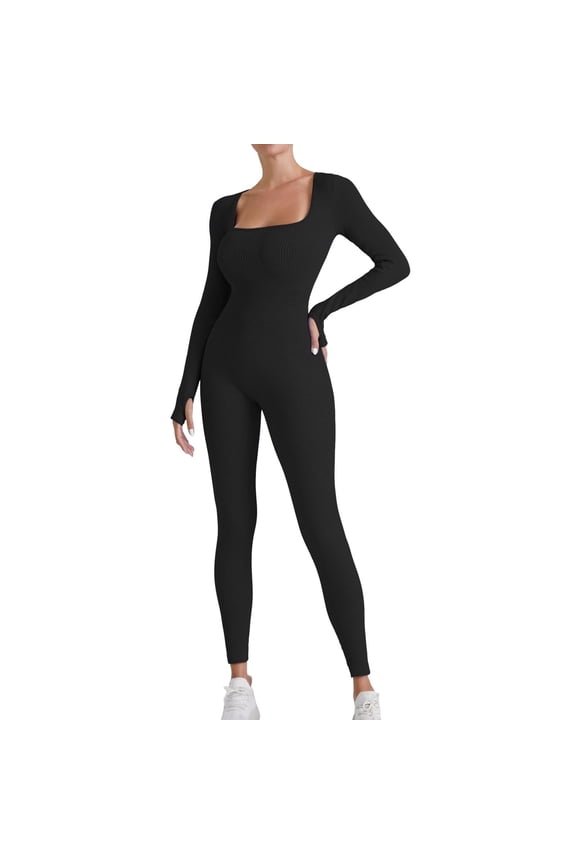 Yoga Pants Women Tummy Control Long Sleeve Yoga Jumpsuits Ribbed Bodysuits Pants Stretchy Fit Daily Wear L