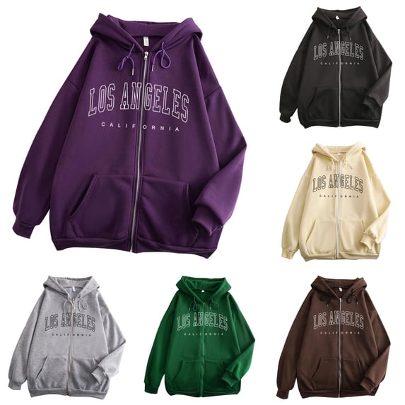 WAYUTE Zip Up Hoodie Women Classic Oversized Long Sleeve Letter Print Hooded Sweatshirt with Pocket Fall Winter Cozy Fashion Outfits Casual Daily Wear,Purple,M