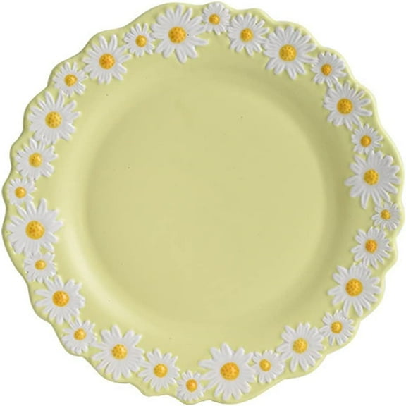 WAYUTO Ceramic Daisy Flat Plate Embossed Dessert Dish Small Daisy Edge Relief Dinnerware Steak Plate Irregular Dining Dish for Soup Crockery Kitchen Decoration Tableware Household Wedding