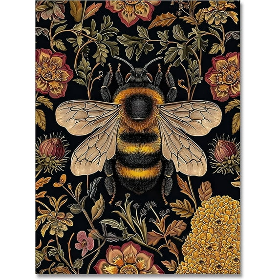 Vintage Animal Bee Wall Art Dark Floral Academia Canvas Posters Gothic Botanical Prints William Morris style Painting Living Bedroom Bathroom Wall Decor 16x24in Unframed