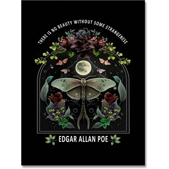 Vintage Dark Floral Academia Wall Art Gothic Night Garden With Moon And Lunar Moth Painting Poster Edgar Allan Poe Aesthetic Prints Bedroom Wall Decor 12x16in Unframed