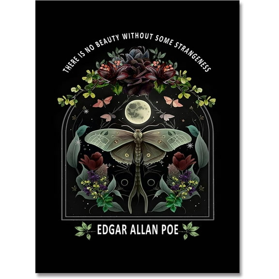 Vintage Dark Floral Academia Wall Art Gothic Night Garden With Moon And Lunar Moth Painting Poster Edgar Allan Poe Aesthetic Prints Bedroom Wall Decor 12x16in Unframed