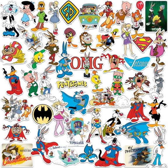 WB 100: Looney Tunes Mashup 50ct Vinyl Large Deluxe Stickers Variety Pack - Laptop, Water Bottle, Scrapbooking, Tablet, Skateboard, Indoor/Outdoor - Set of 50