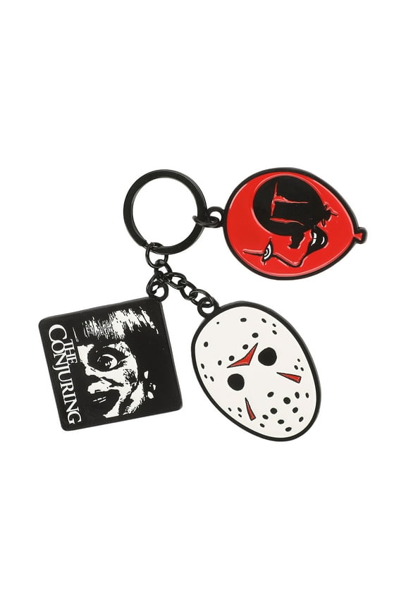 WB Horror Movies Keychain with 3 Charms, The Conjuring Annabelle It Pennywise Friday the 13th Jason, Zinc Alloy & Enamel Key Ring, Officially Licensed