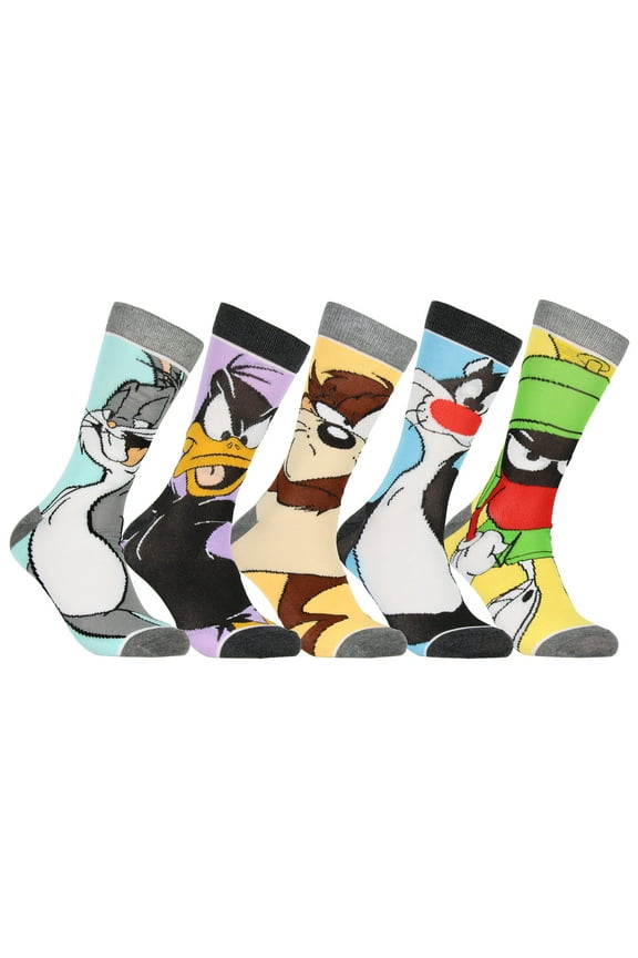 WB Looney Tunes Character Faces Men's 5 Pair Casual Crew Socks Mid Calf
