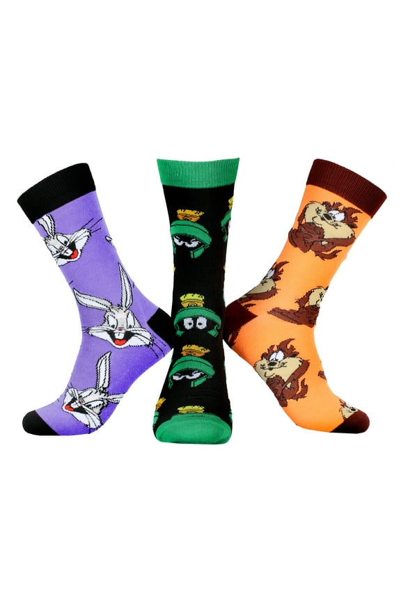 WB Looney Tunes Character Men's Bugs Bunny Taz Marvin The Martian 3 Pair Casual Crew Socks Mid Calf