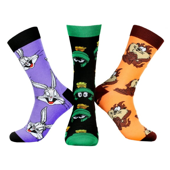 WB Looney Tunes Character Men's Bugs Bunny Taz Marvin The Martian 3 Pair Casual Crew Socks Mid Calf