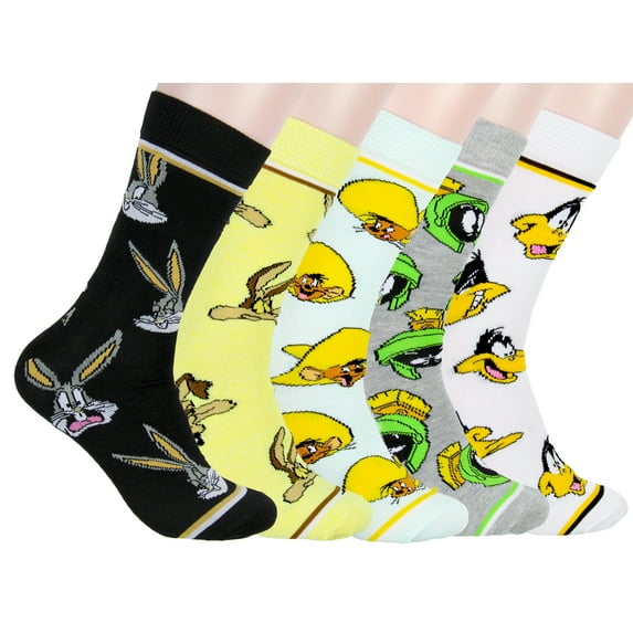 WB Looney Tunes Socks Allover Character Faces 5 Pair Adult Crew Socks