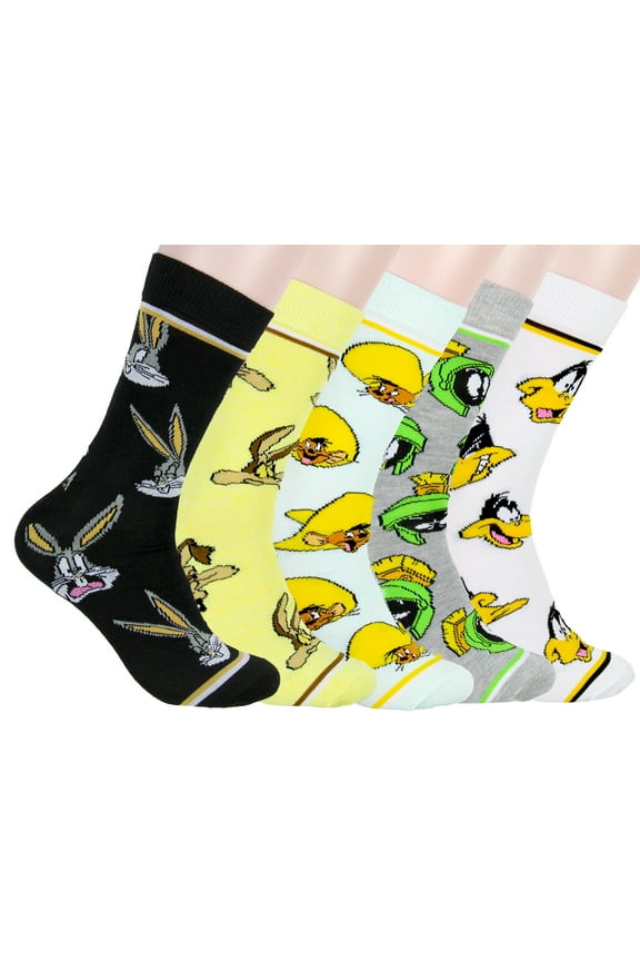 WB Looney Tunes Socks Allover Character Faces 5 Pair Adult Crew Socks
