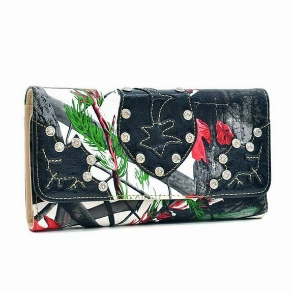 WB145-RD-CAM 7.5 x 4.5 in. Western Rhinestone Bling Leaf Designed Wallet, Red & Cam