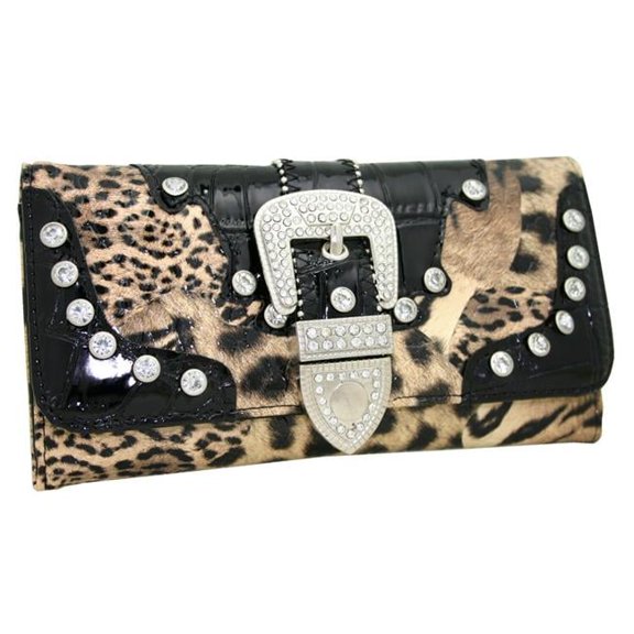 WB146-BRN-LP Western Rhinestone Bling Belt Buckle Trifold Wallet - Brown Leopard