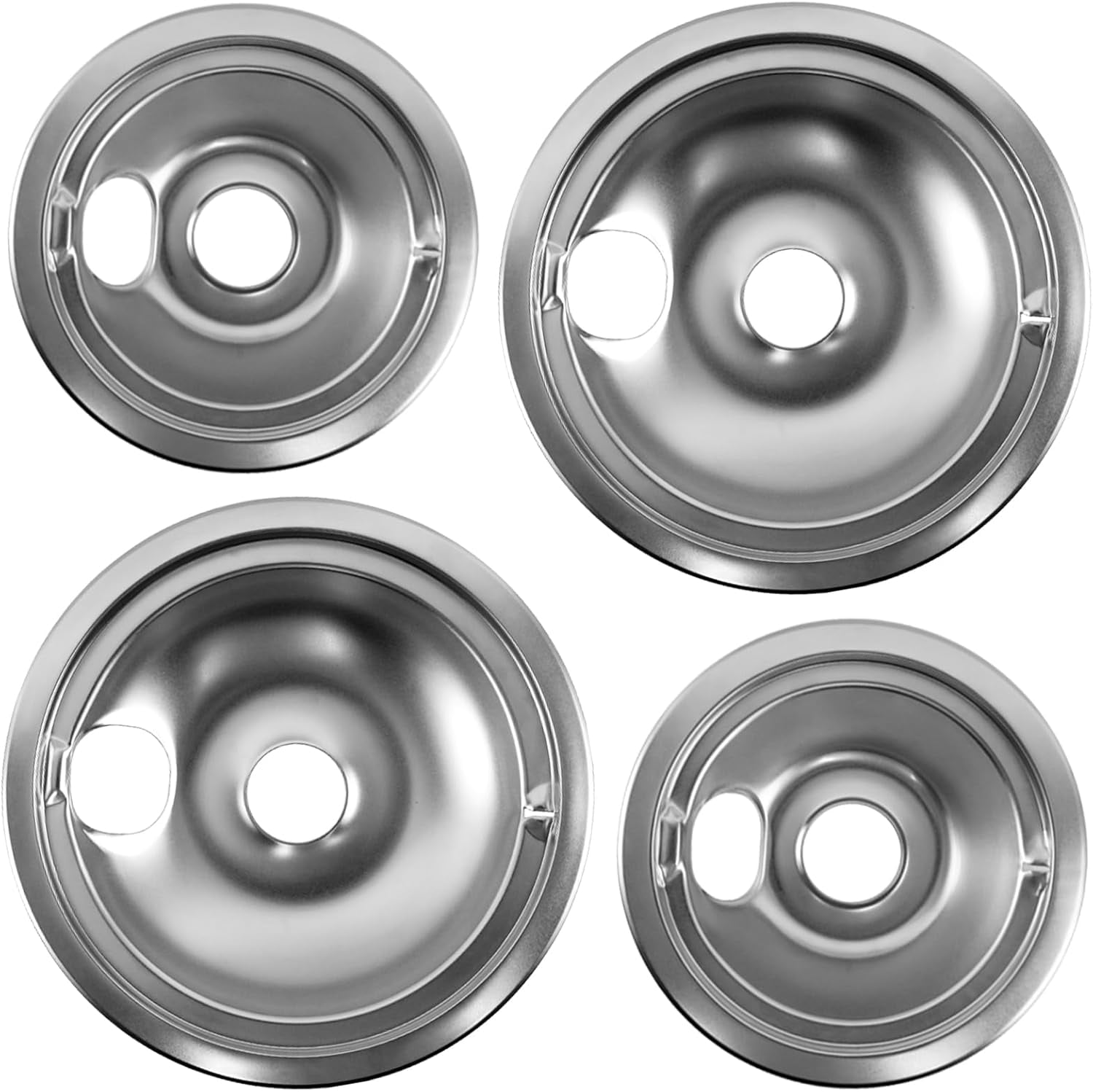WB31T10010 WB31T10011 Chro e Drip Pans Set (4 Pack) - 2x6" & 2x8" Replace ent for , Hotpoint, Ken ore Electric Stoves with Locking Slot - Chro e Plated Steel Burner Bowls