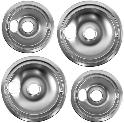 WB31T10010 WB31T10011 Chrome Drip Pans Set (4 Pack) - 2x6" & 2x8" Replacement for GE, Hotpoint, Kenmore Electric Stoves with Locking Slot - Chrome Plated Steel Burner Bowls