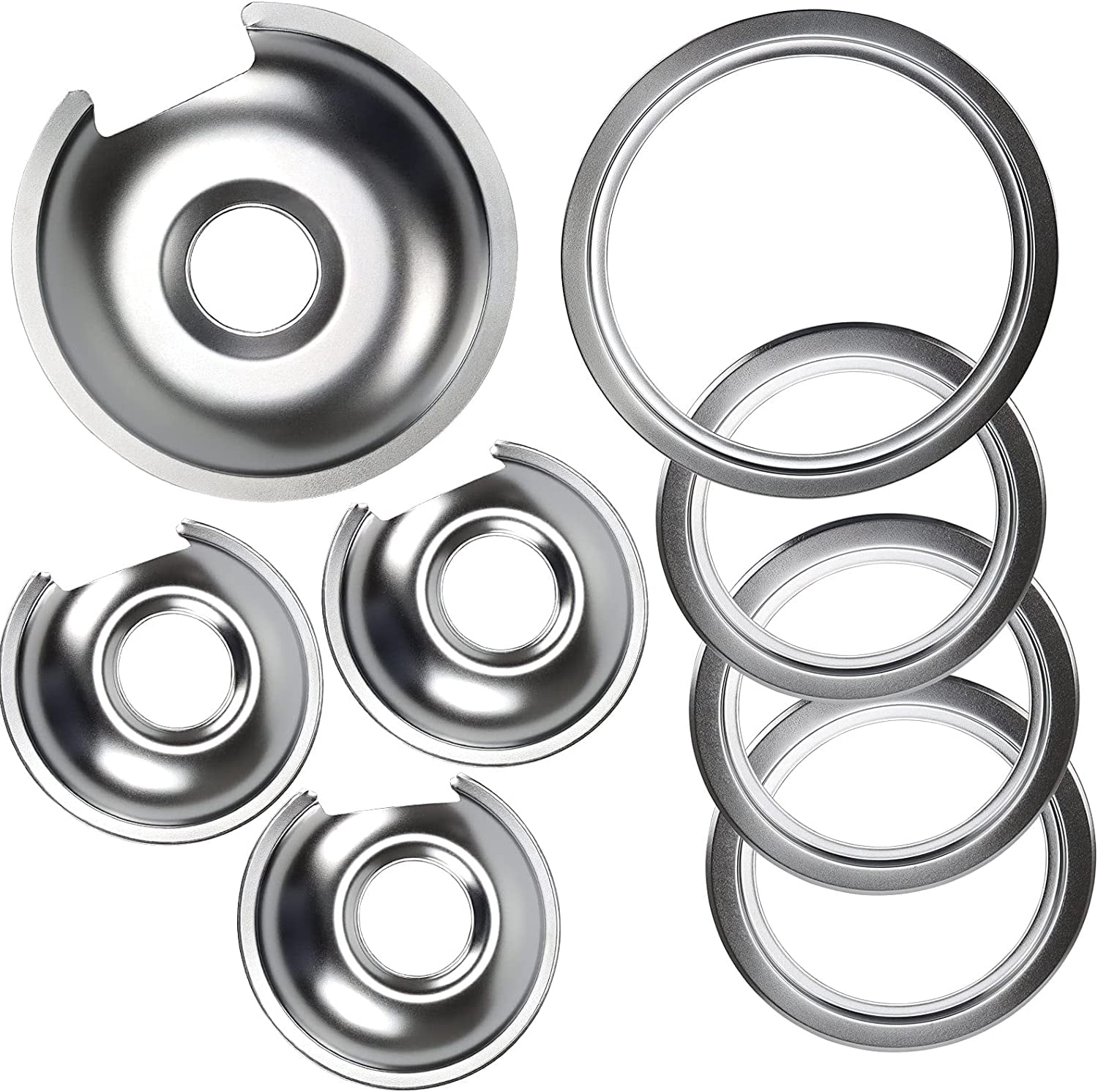 WB32X10013 WB32X10012 Chrome Stove Burner Drip Pan Set 4-Pack Fits for GE Hotpoint Electric Range by  Replacement Parts (3) 6" Pan/Ring & (1) 8" Pan/Ring