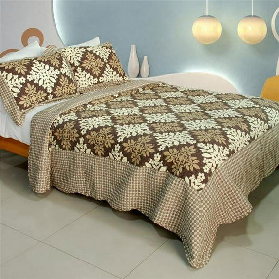 WB8003-23 Noble Snowflake - 100 Percent Cotton 3 Pieces Vermicelli-Quilted Patchwork Quilt Set Full & Queen Size - Brown