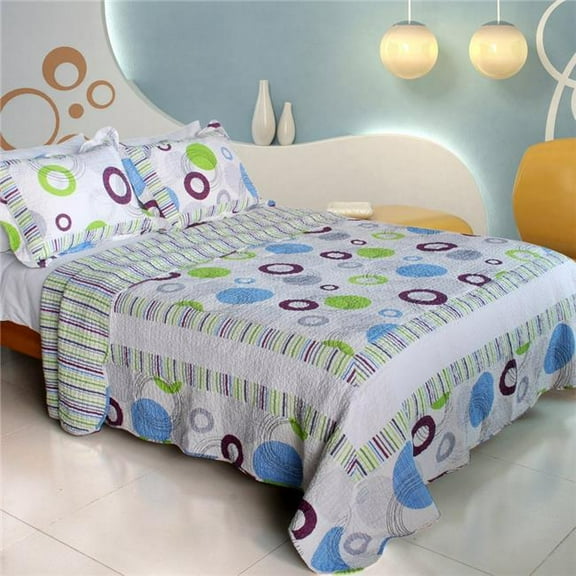 WB8017-4 Bubble Ocean - 100 Percent Cotton 3 Pieces Vermicelli-Quilted Patchwork Quilt Set King Size - White