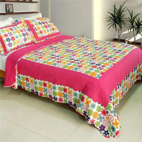 WB8026-23 Simple Happiness - 100 Percent Cotton 3 Pieces Vermicelli-Quilted Patchwork Quilt Set Full & Queen Size - Pink
