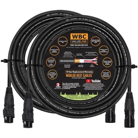 WBC-VALUELINE-2CS (22 AWG) - 2 Units - 50 Foot–Low-Capacitance Shielded Balanced Flexible Microphone, Active-Speaker & Interconnect Cables with Neutrik-Rean IP65 Rated Gold XLR Connectors$$Music