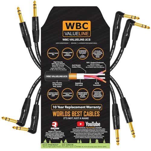 WBC-VALUELINE-2CS (22 AWG) - 4 Units - 1 Foot - Low-Capacitance Shielded Balanced Flexible Interconnect Cables with Neutrik-Rean Inch (6.35mm) Gold Angled to Straight TRS Stereo Phone Plugs$$Music