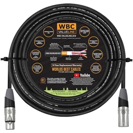 WBC-VALUELINE-2CS (22 AWG) - 60 Foot–Low-Capacitance Shielded Balanced Flexible Microphone, Active-Speaker & Interconnect Cables with Eminence Gold XLR Connectors$$Music
