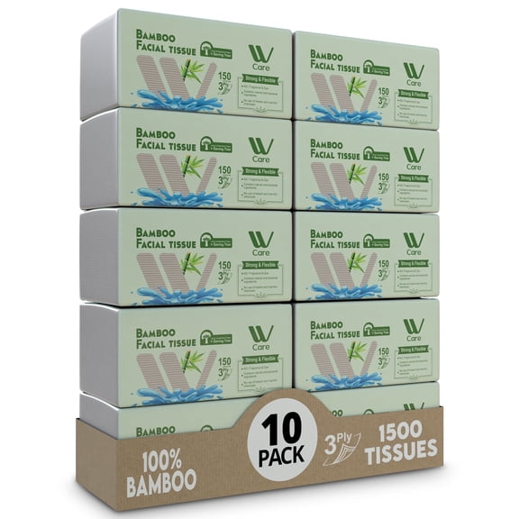 WBM 100% Bamboo Fiber 3-Ply Facial Tissues, 150 Tissues per Box, 10 Packs (1500 Total Tissues)